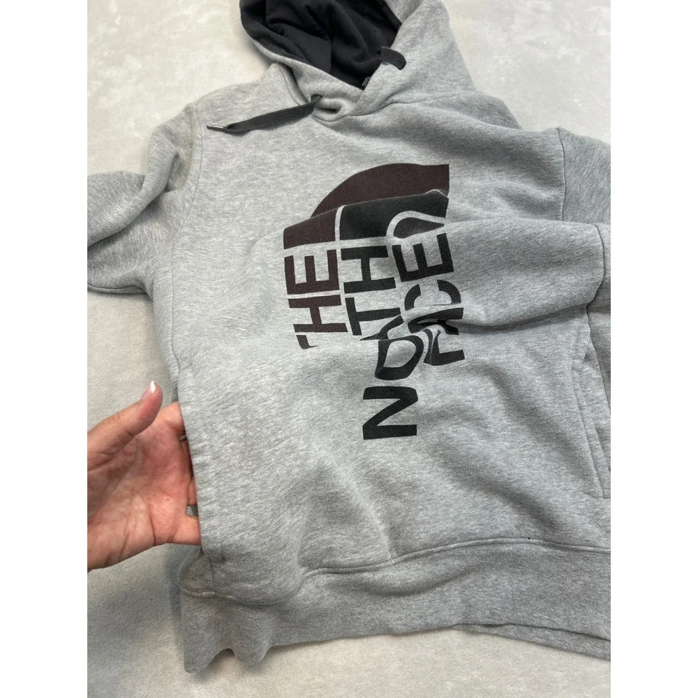 The North Face Hoodie Mens M Gray Vertical Logo Graphic Pullover Sweatshirt